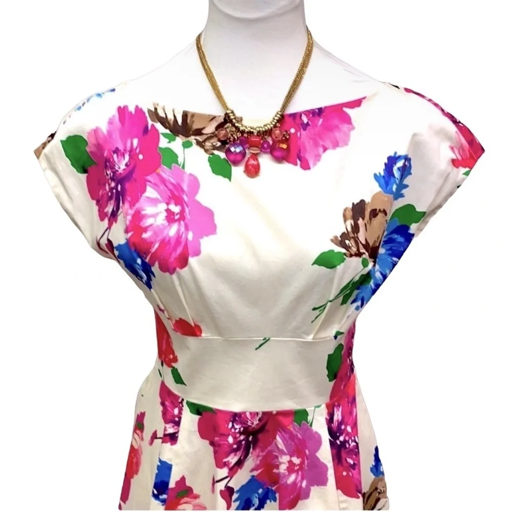 kate spade White Floral Fit-and-Flare Dress with Pink, Blue & Green Print